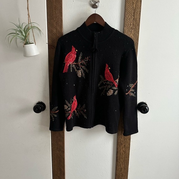 Vintage Tiara International Embroidered Cardinals Full Zip Christmas Sweater - Picture 9 of 14